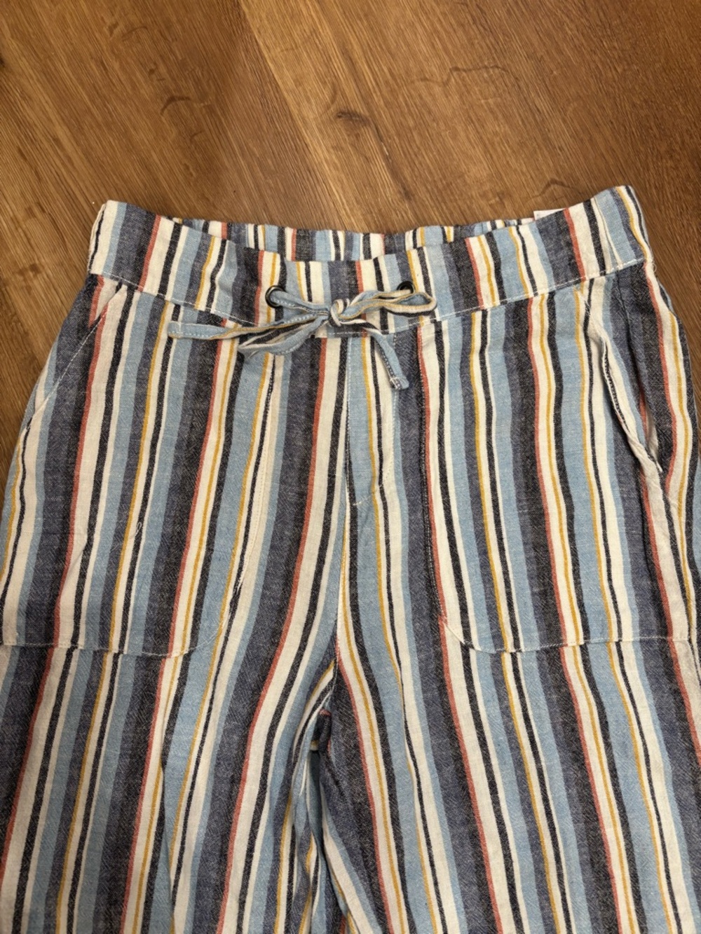 Striped Drawstring Wide Leg Pants - Blue, Cream, Yellow, Rust - Picture 2 of 6